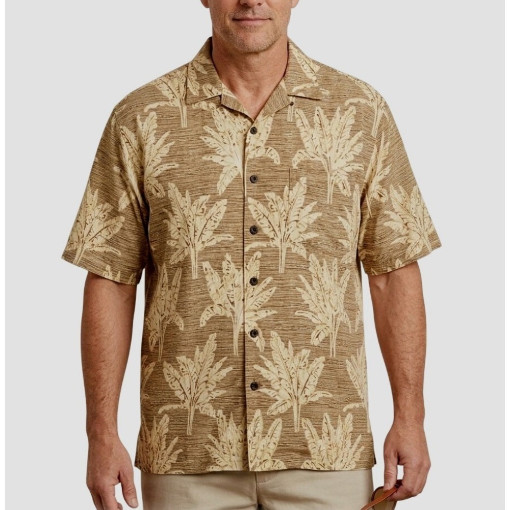 Reyn Spooner‎ Mens Large Regency Textured Linen Palm Leaf Hawaiian Shirt Tan L